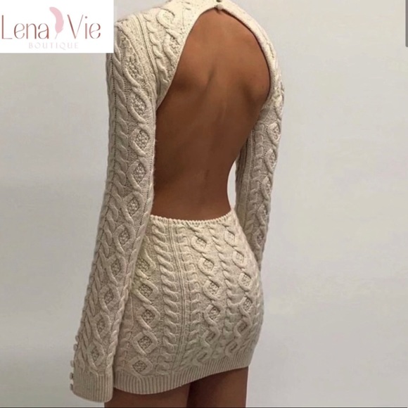 Lena Vie Dreamy Cable Knit Cream Open Back Sweater Dress, Miranda Knit Mini - Picture 5 of 16
